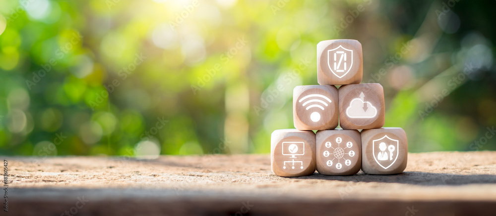 Poster zero trust concept with security icons on wooden blocks in nature background