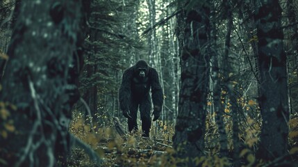 An imposing, hairy creature appears to walk directly toward the camera with an intense gaze amidst a dense and foreboding forest filled with dark foliage.