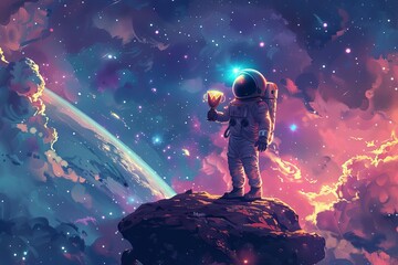 A child astronaut holding a glowing big trophy, standing on a floating rock amidst a swirling nebula