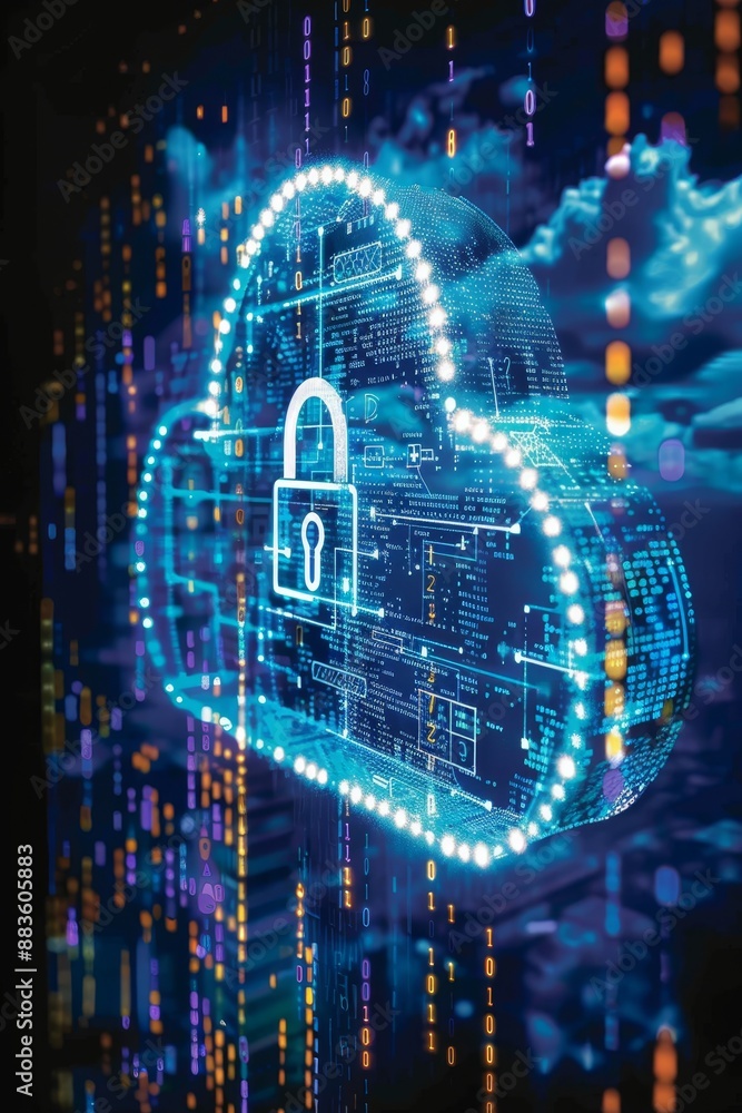 Poster minimalist cloud with metallic lock over futuristic cityscape and glowing data flow lines
