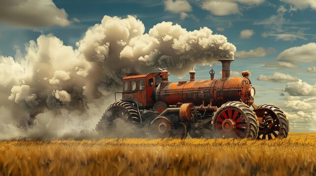 A steampunk tractor powered by a massive steam engine, billowing smoke as it chugs through a field