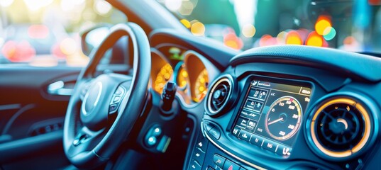 Detailed photorealistic car dashboard with buttons, dials, and screens for realistic depiction