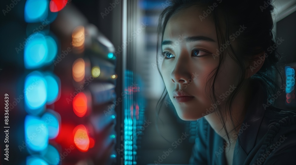Aufkleber female it engineer works on a laptop near a computer server rack at a data center or laboratory