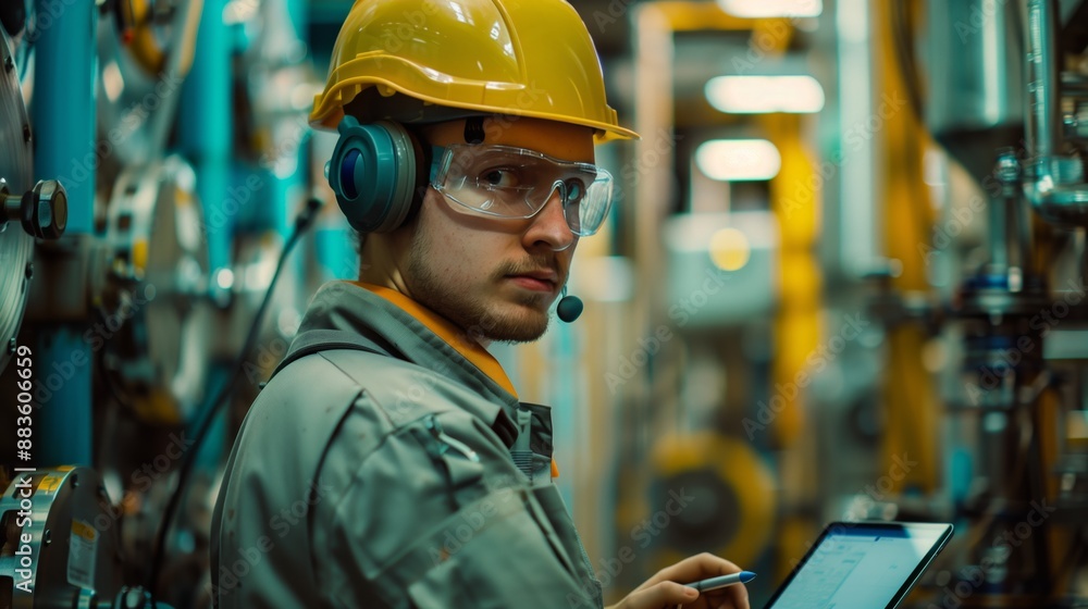 Poster concept of an industrial engineer in an industrial factory using a tablet computer for production co