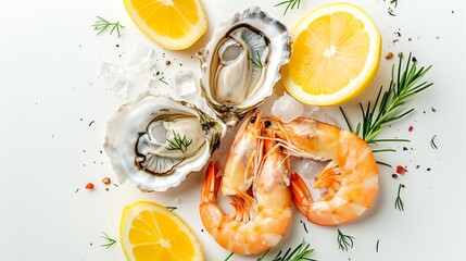 Lemon, oysters and prawns on white background. Seafood concept with fresh seafood products