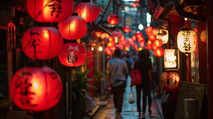 Naklejka premium An energetic alleyway scene illuminated by red lanterns creates a lively and colorful atmosphere. People stroll through the alley, enhancing the sense of community and vibrancy.