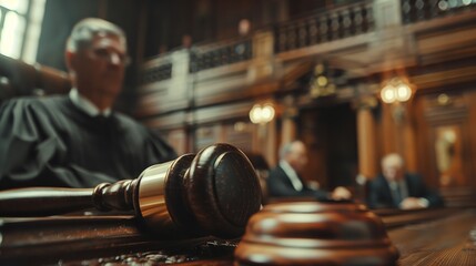A judge sitting at the bench with his hand on the expensive wooden gavel in front of him. In the blurred background there are other people and woodwork panels of the courtroom