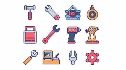 Obraz premium A nicely arranged set of icons showing wrenches and various technical tools, designed in a colorful and simplistic style suitable for digital and printed inline usage.