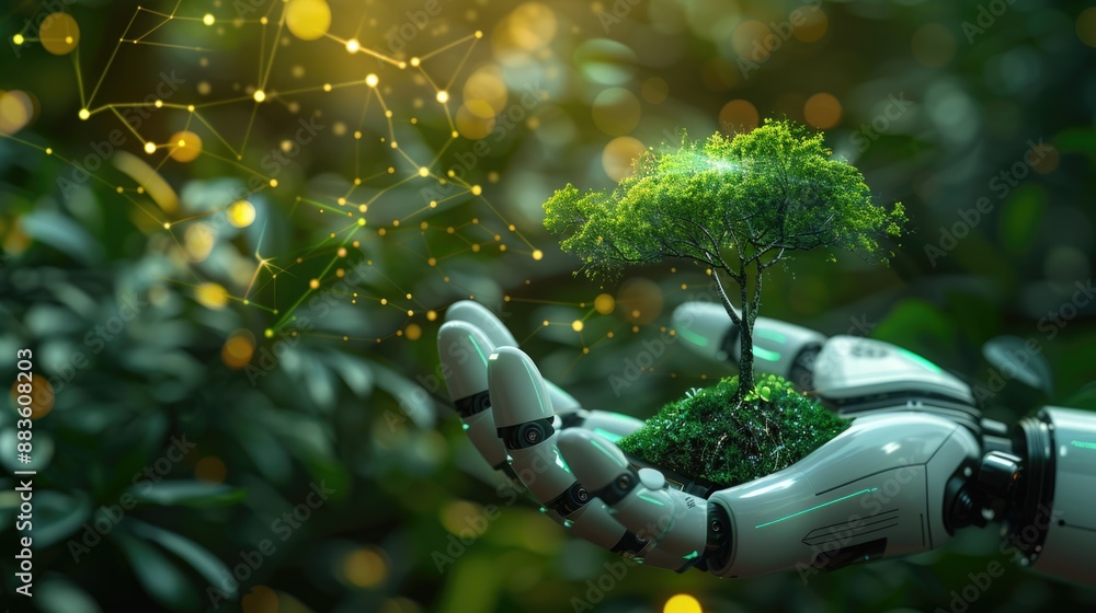 Poster a robotic ai hand presenting a holographic representation of a small tree, with a dynamic digital bo