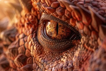 Close-up of a dragon's menacing eye, photographed in a dynamic angle to emphasize its fierce and mythical presence