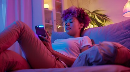 Naklejka premium Non-binary trans woman talking on smartphone lying on the couch at home.