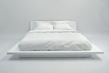 Modern minimal white bedroom with a sleek white bed frame and crisp white bedding.