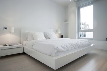 Modern minimal white bedroom with a sleek white bed frame and crisp white bedding.