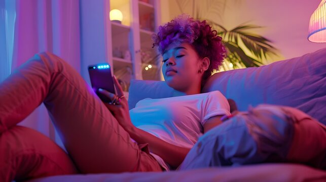 Non-binary trans woman talking on smartphone lying on the couch at home.