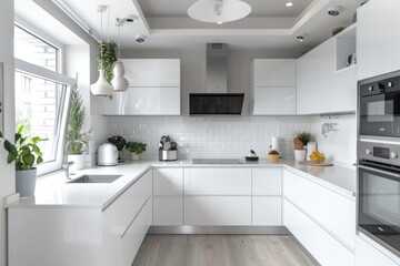 Cozy white kitchen with modern style and minimalistic elements