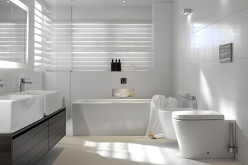 Fototapeta premium Minimalist white bathroom with clean lines and contemporary fixtures