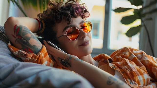 Non-binary trans woman talking on smartphone lying on the couch at home.