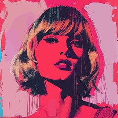 Fototapeta premium Pop art portrait of a blonde model with vibrant colors, red background, warm tones, and multicolored background. Expressive, dynamic composition with bold lines and high contrast.
