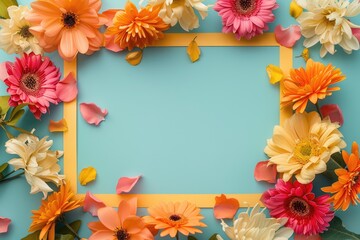 Fototapeta premium Luscious floral blossoms artfully arranged in a rectangular frame shape on a vibrant backdrop, providing a captivating setting with ample space for customization and creative expression.