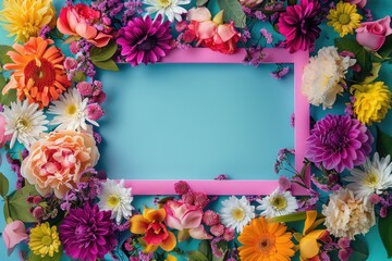 Obraz premium Luscious floral blossoms artfully arranged in a rectangular frame shape on a vibrant backdrop, providing a captivating setting with ample space for customization and creative expression.