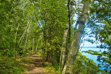 Summer’s day landscape of the Ice Age Trail passing alongside Lake Michigan at Potawatomi State Park, near Sturgeon Bay, Wisconsin.