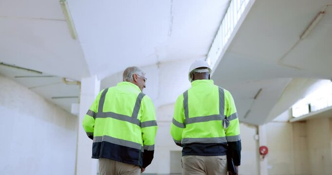 Construction, industry and men with fist bump in warehouse for project, partnership and motivation. Inspector, contractor and people with success gesture for trust, back and support in engineering