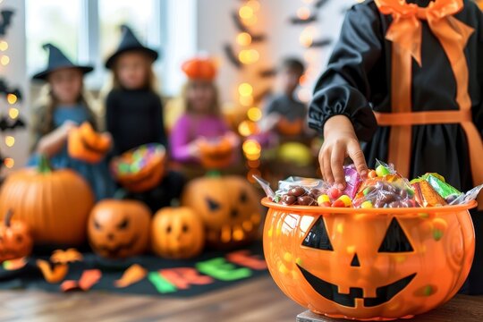 Excited children await candy on festive halloween porch with jack o lantern bowl and spooky decor