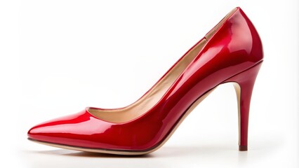Elegant red high heel shoes with sleek patent leather finish stand alone on a clean white background, exuding luxury and sophistication.