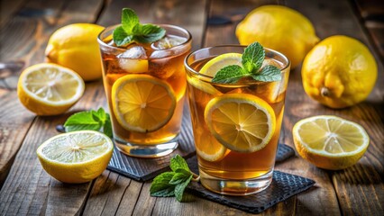 Fototapeta premium two glasses of iced tea with slices of bright yellow lemons and green leaves.