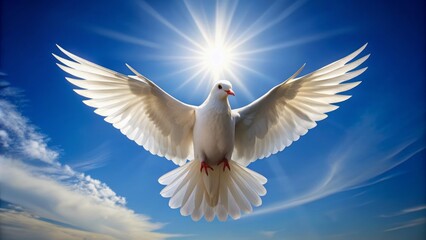 Serene white dove spreads wings, soaring effortlessly against clear blue sky, symbolizing peace, hope, and freedom in gentle motion.
