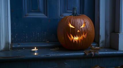 Obraz premium Eerie jack o lantern on porch step with flickering candle in dark, shadowy setting for halloween
