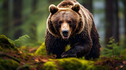 Obraz premium Bow to the King - Majestic Roaring Brown Bear in Sunlit Forest