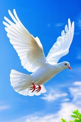 Obraz premium Minimalist christmas wreath with evergreen branches and white dove against blue sky