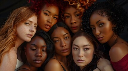 Fototapeta premium Group of women with different body and ethnicity posing together to show the woman power and strength. Curvy and skinny kind of female body concept. 