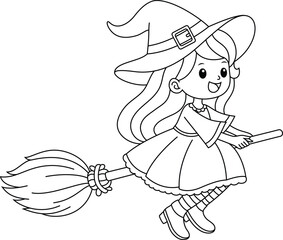 Cute witch flying on a broomstick isolated on white background. Halloween Outline Coloring Page