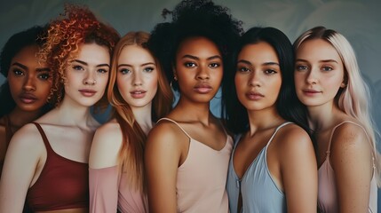 Fototapeta premium Group of women with different body and ethnicity posing together to show the woman power and strength. Curvy and skinny kind of female body concept. 