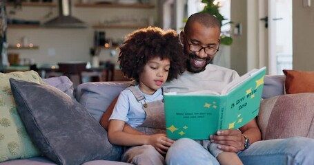 Home, father on sofa and boy reading book, love and storytelling with novel, chilling and bonding together. Happy family, single parent and dad with kid, son or childhood development with knowledge - Powered by Adobe