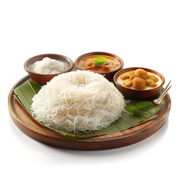 Board and plate of tasty Idiyappam with on white background.