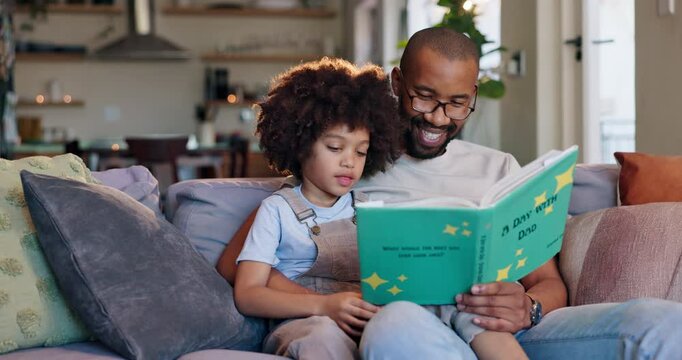 Home, father on sofa and boy reading book, love and storytelling with novel, chilling and bonding together. Happy family, single parent and dad with kid, son or childhood development with knowledge