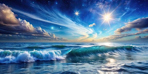 Fototapeta premium Ocean waves forming under the open sky with celestial reflections on the surface , water, seas, creation, oceans, waves