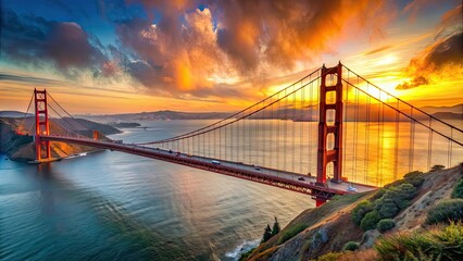 Panoramic view of the Golden Gate Bridge at sunset , San Francisco, landmark, iconic