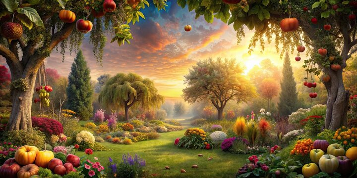 Garden of Eden post-fall, with vibrant beauty tarnished by sin , Eden, Adam and Eve, biblical, paradise lost