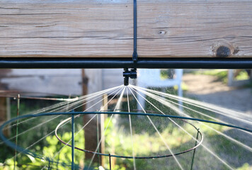 Overhead irrigation system or sprinkler for garden bed. Focus on sprinkler. Close up of sprinkler...