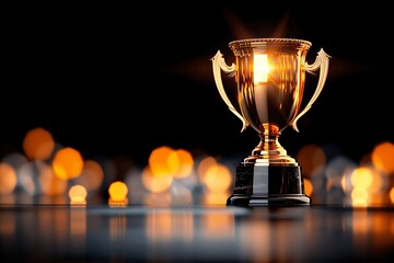 Gleaming Gold Trophy against Dark Background with Glowing Bokeh Symbolizing Victory and Pinnacle of Success, Copy Space