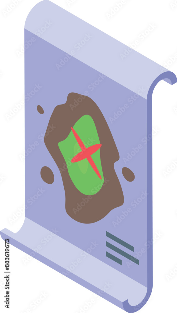 Poster old pirate treasure map showing an island with a red cross marking the spot in an isometric style