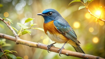 Obraz premium Vibrant blue bird with striking bright orange eyes perches on a branch amidst lush green foliage in a whimsical digital scene.