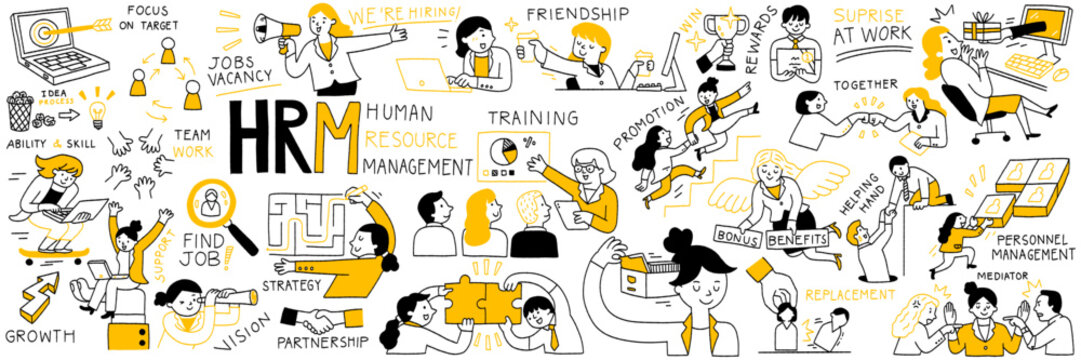 Vector illustration doodle set of HRM concept or human resource management. Outline, thin line art, hand drawn sketch design, simple style, cute character.