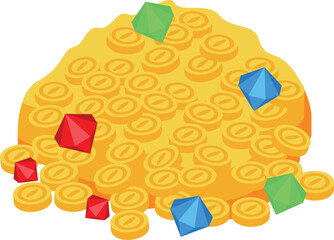 Pile of gold coins and gemstones is overflowing with wealth and riches
