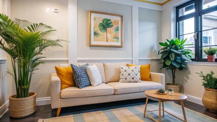 Soothing beige couch against serene cream wall, adorned with calming greenery, in tranquil, naturally lit therapy room atmosphere.