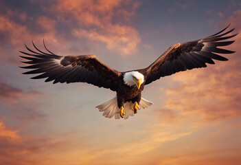 Fototapeta premium bald eagle soaring in the sky with wings spread, dramatic sunset colors